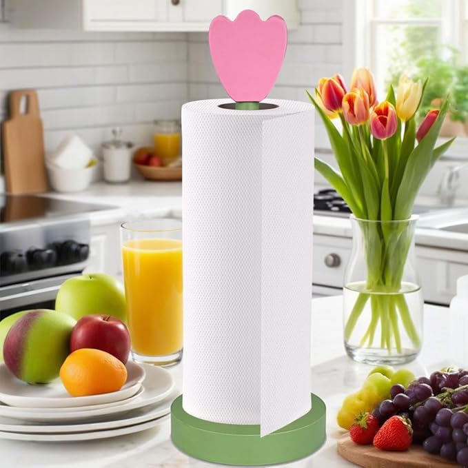 Modern Wooden Paper Towel Holder Stand - Beautiful Flower Design with Anti-Skid Base, Easy No-Tool Assembly for Kitchen Countertop, Bathroom, Office - Natural Home Decor