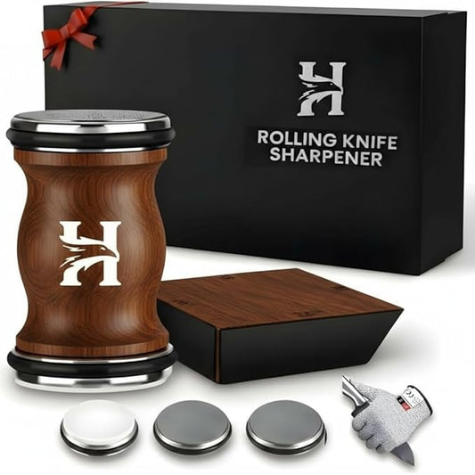 4 Angles High Carbon Stainless Steel Rolling Knife Sharpener with 400, 1000 & 3000 Replacement Discs - Blunt Knife Sharpening Kit with 12°, 15°, 20°, and 25° Sharpening for Kitchen & Chef's Knives by HIBWA