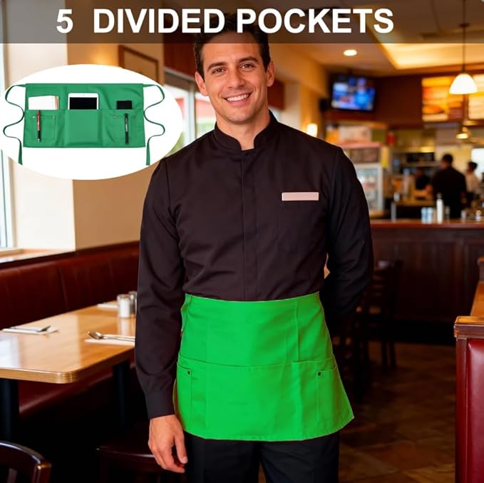 TiwerlfeServer Waist Aprons with 5 Pockets - 11.5 Inch Waterdrop & Oil Resistant Waitress Waiter Half Apron