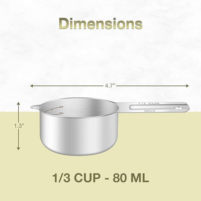 2PCS 1/3Cup (80ml, 2.6oz) Single Measuring Cup, Etched Inner Scale Stainless Steel Measure Scoop, Metric and US Measurement, Dishwasher Safe - Image 2