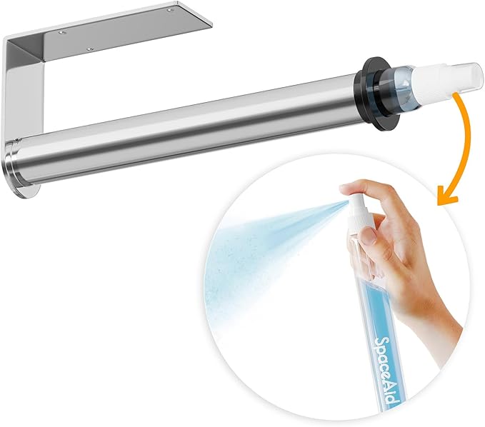 SpaceAid SprayNeat Paper Towel Holder with Spray Bottle, Under Cabinet Paper Towels Holders with Sprayer Inside Center, Hanging Wall Mount Papertowels Roller for Kitchen and Bathroom (Silver)