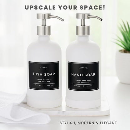 Hand and Dish Soap Dispenser for Kitchen and Bathroom, Set of 2 16 Oz Glass Bottles, Stainless Steel Pumps, Non-Slip Silicone Base, 27 Waterproof Labels (Matte White Bottle/Brushed Silver Pump) - Image 3
