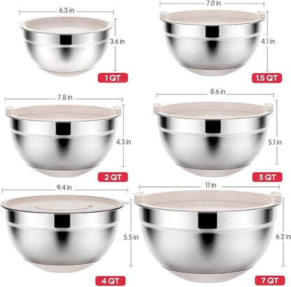 Rottay Mixing Bowls Set with Airtight Lids: 20PCS Stainless Steel Nesting Bowls - Size 7, 4, 3, 2, 1.5, 1QT Bowls with 3 Grater Attachments & Non-Slip Bottoms for Baking & Prepping - Image 6