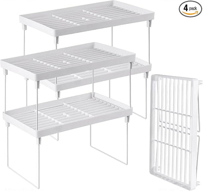 NiHome 4-Pack Stackable Plastic Kitchen Storage Shelf Foldable Rack - White Kitchen Cabinet Organizer and Storage Shelves Stackable Expandable Storage Racks for Counter Cabinet Pantry by NiHome