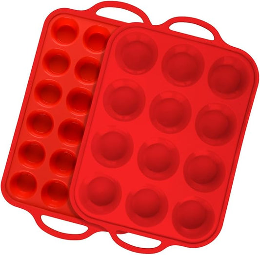 CAKETIME Silicone Muffin Pans for Baking, Metal Reinforced Frame Regular 12 Cups & Mini 24 Cups Cupcake Pan Set Nonstick Muffin Pan for Homemade Baking Easy to Handle
