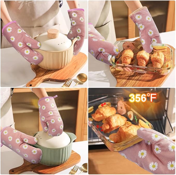 AUAUY Oven Mitts and Potholders, BBQ Gloves Heat Resistant, 1 Pair Oven Mitts and 2 Pot Holders, Cotton Non-Slip Cooking Gloves for Cooking Baking Kitchen Microwave Pizza(Daisy-Pink) - Image 6