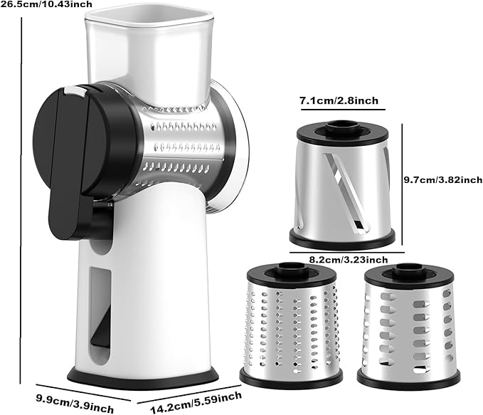 Rotary Cheese Grater Hand Crank with Foldable Handle, 3 Stainless Steel Blades, Perfect Graters for Kitchen, Manual Cheese Shredder Hand Crank with Suction Base, Rotary Grader (White)