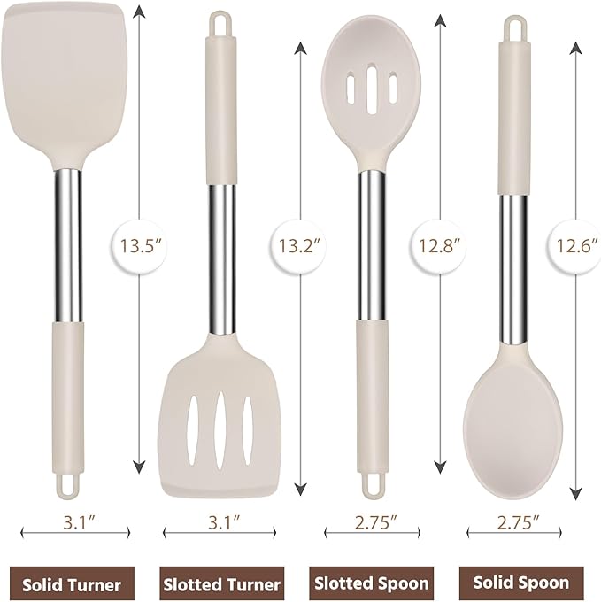E-far Cooking Utensils Set of 4, Silicone Kitchen Utensils for Non-stick Cookware, Heat Resistant & Non-toxic Slotted Spatula Solid Spoon Turner for Flipping Mixing Serving Basting(Khaki) - Image 2