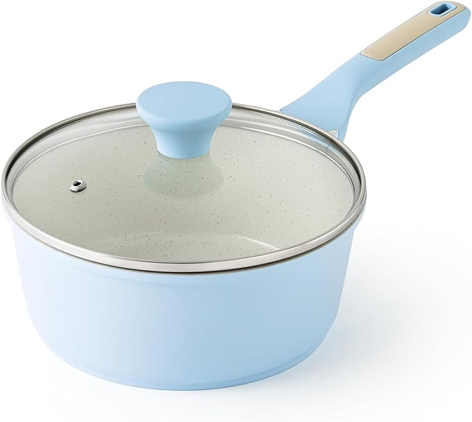 SENSARTE Ceramic Nonstick Saucepan with Lid 2.0 Quarts, Small Cooking Pot with Stay Cool Handle, Induction Compatible, Ceramic Coating, Free of Intentionally Added PTFE/PFOA/PFAS, Glacier Blue