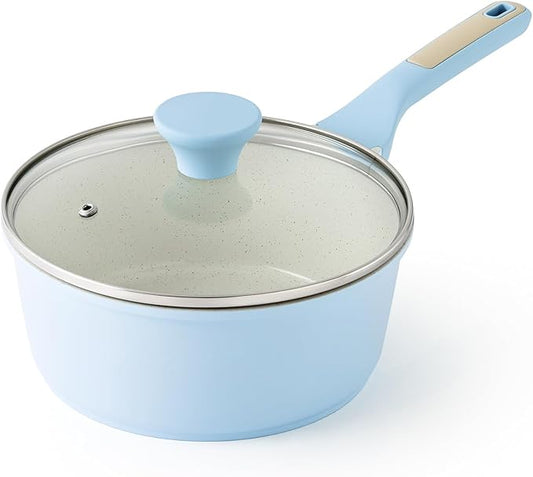 SENSARTE White Ceramic Nonstick Saucepan with Lid 2.5 Quarts, Medium Cooking Pot with Stay Cool Handle, Induction Compatible Saucepot, White Granite Coating, Free of Intentionally Added PTFE/PFOA/PFAS