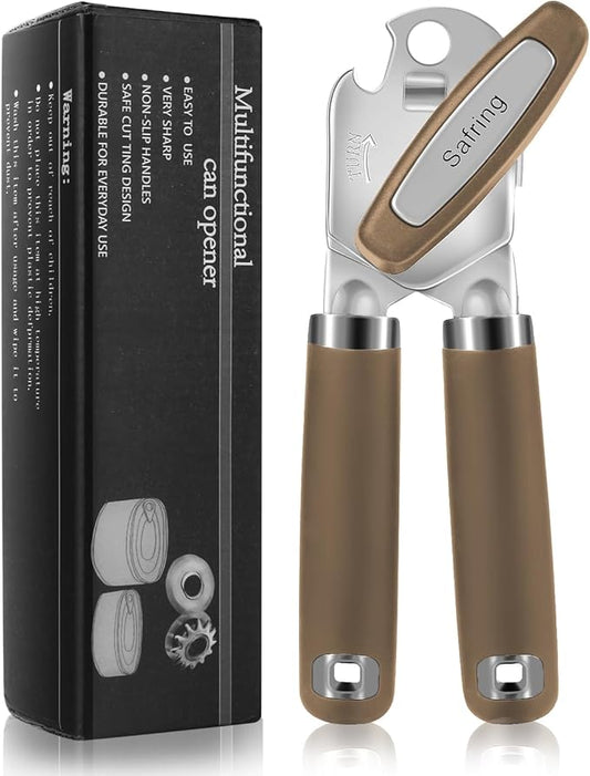 Safring Can Opener Manual, Heavy Duty Handheld Strong Can Opener with Soft Touch Handle, Sharp Blade Smooth Edge, Can Openers with Multifunctional Bottle Opener, Coffee by Safring