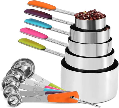 Bopei Measuring Cups and Spoons Set Stainless Steel 10 Piece for Cooking and Baking (5 Cups + 5 Spoons, Colorful Handles) by Bopei