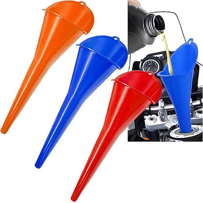 3-Pack Long-Neck Oil Funnels, 11" Multi-Purpose Funnels for Automotive & Motorcycle Use – Reusable Funnel for Oil, Gas & Transmission Fluid (Blue+Red+Orange)