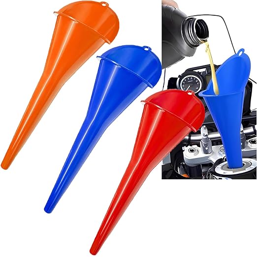 3-Pack Long-Neck Oil Funnels, 11" Multi-Purpose Funnels for Automotive & Motorcycle Use – Reusable Funnel for Oil, Gas & Transmission Fluid (Blue+Red+Orange)