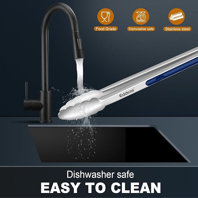 Tongs For Cooking - Heat Resistant 600 Degrees Stainless Steel Kitchen Tong, Heavy Duty Metal Locking Tongs - For Food,Salad, grilling, BBQ 7",9" & 12 inch, set of 3 Dishwasher Safe Blue - Image 7