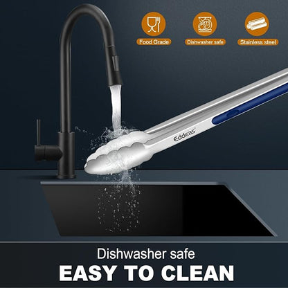 Tongs For Cooking - Heat Resistant 600 Degrees Stainless Steel Kitchen Tong, Heavy Duty Metal Locking Tongs - For Food,Salad, grilling, BBQ 7",9" & 12 inch, set of 3 Dishwasher Safe Blue - Image 7