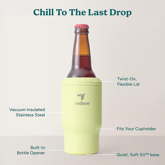 Reduce 4-in-1 Drink Cooler - Versatile Can & Bottle Holder with Vacuum Insulation - Keeps Drinks Cold Up to 4 Hours - Includes Bottle Opener - Fits Cupholders & Dishwasher Safe - 14oz - Lemon Luau