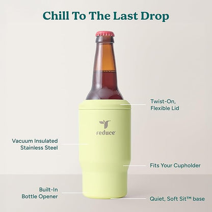 Reduce 4-in-1 Drink Cooler - Versatile Can & Bottle Holder with Vacuum Insulation - Keeps Drinks Cold Up to 4 Hours - Includes Bottle Opener - Fits Cupholders & Dishwasher Safe - 14oz - Lemon Luau