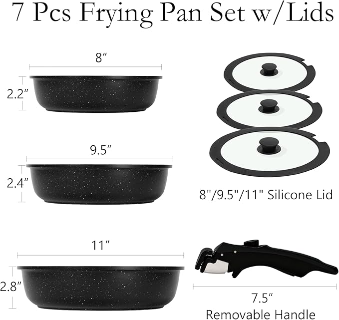 ESLITE LIFE Nonstick Ceramic Frying Pans Skillets Set with Lids & Detachable Handle, Non-Toxic Egg Omelette Kitchen Cooking Pans Compatible with All Stovetops, PTFE & PFOA Free, Black, 7-Piece - Image 2