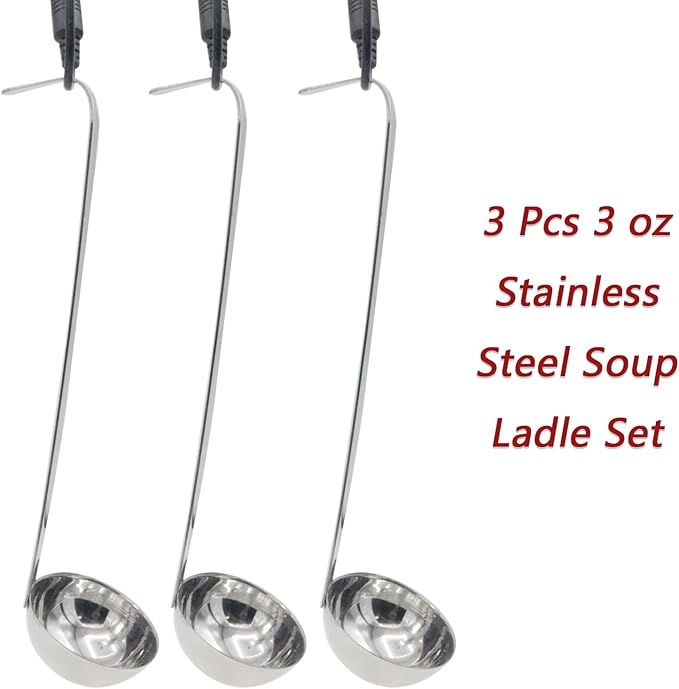 3 Pcs 3 oz Stainless Steel Soup Ladle Set, Long Handle Serving Spoons with Hooked Handles, Kitchen Cooking Utensils for Sauce Gravy Stew - Image 3