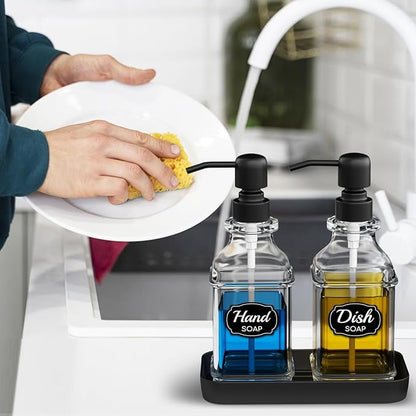 LMQML Soap Dispenser - 2 Pack, Antique Design Thick Glass Hand Soap Dispensers with Sturdy Tray; 304 Rust Proof Stainless Steel Black Pump, 12Pcs Stickers, for Kitchen, Bathroom - Image 6