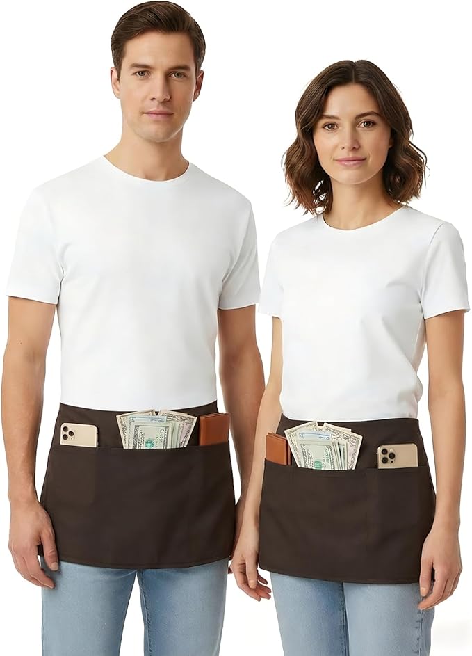 BOHARERS Waist Apron with 3 Pockets 3 Pack - Brown Waitress Server Short Apron - Image 4