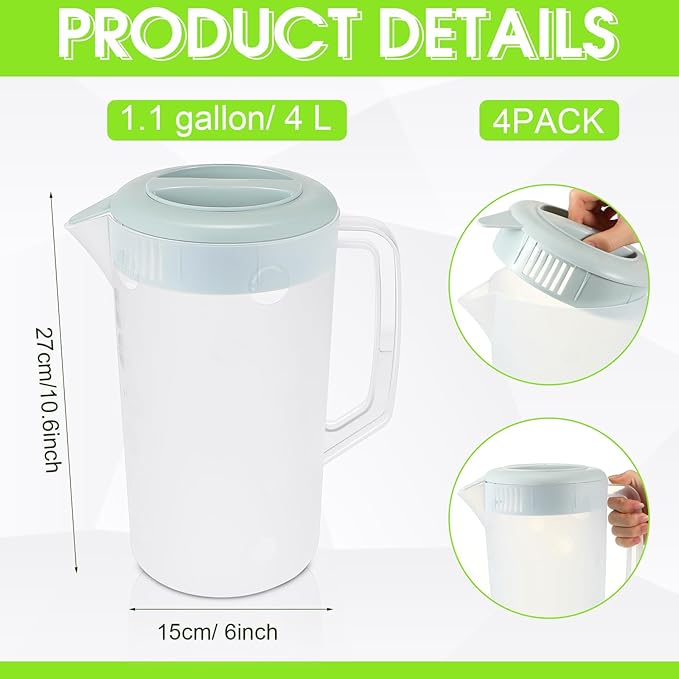 Uiifan 4 Pcs Plastic Water Pitcher with Lid,Spout and Handle Plastic Juice Pitcher Tea Beverages for Fridge Water Carafe Jug for Lemonade Milk Cold Drink Home Daily Party(Blue,1 Gallon) - Image 2