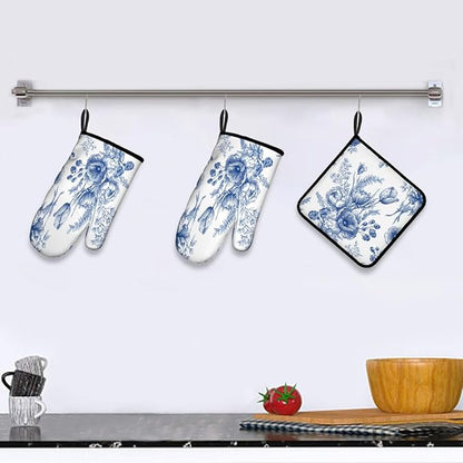 LOKMU Oven Mitts and Pot Holders Set of 3, White Blue Floral Vintage Flowers Heat Resistant Kitchen Gloves Hot Pads for Cooking Baking BBQ, Kitchen Decor Gifts for Cooking Lover Cooks