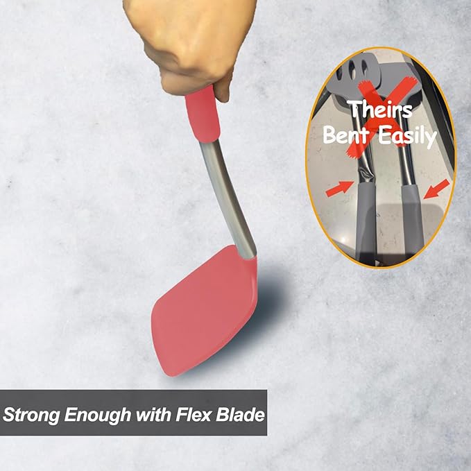 2 Pack Spatulas, Solid & Slotted Silicone Spatula Set, Stainless Steel Handle Coated with Silicone, Non Stick Turners, Heat Resistant Rubber Spatulas for Fish, Eggs, Pancakes, WOK, Red - Image 4