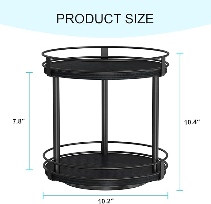 Snughome Lazy Susan Spice Rack, 2 Tier Rotating Spice Rack, Wood Lazy Susan Organizer for Cabinet, Black Kitchen Counter Shelf, 10.2" x 10.2" x 10.4" - Image 2