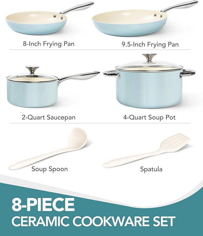 MICHELANGELO Pots and Pans Set Non Stick, 8-Piece Ti-infused Ceramic Cookware Set with Silicone Utensils - Induction Compatible, Oven Safe, PFOA-Free, Blue - Image 4