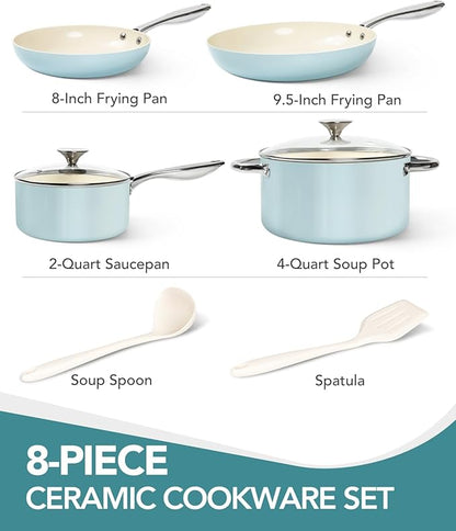 MICHELANGELO Pots and Pans Set Non Stick, 8-Piece Ti-infused Ceramic Cookware Set with Silicone Utensils - Induction Compatible, Oven Safe, PFOA-Free, Blue - Image 4