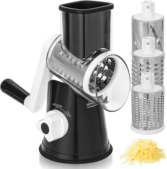 Rotary Cheese Grater Hand Crank - Cheese Shredder Hand Crank with Handle, Vegetable Shredder with 3 Stainless Steel Blades & Strong Suction Base – Round Slicer & Food Chopper for Kitchen - Image 8