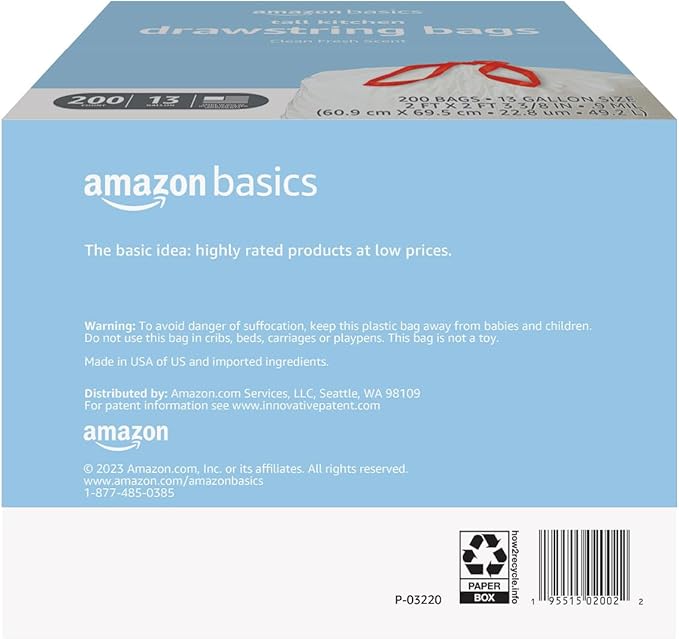 Amazon Basics Scented Trash Bags, Tall Kitchen Drawstring, Clean Fresh Scent, 13 Gallon, 200 Count, Pack of 1 - Image 2