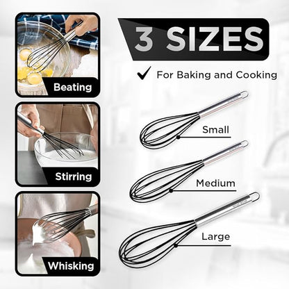 Silicone Whisk Set of 3 - Stainless Steel & Silicone Non-Stick Coating – wisking tool, Whisking, mini whisk, whisks for cooking (12-inch, 10-inch & 8.5-inch), egg whisk - Image 2