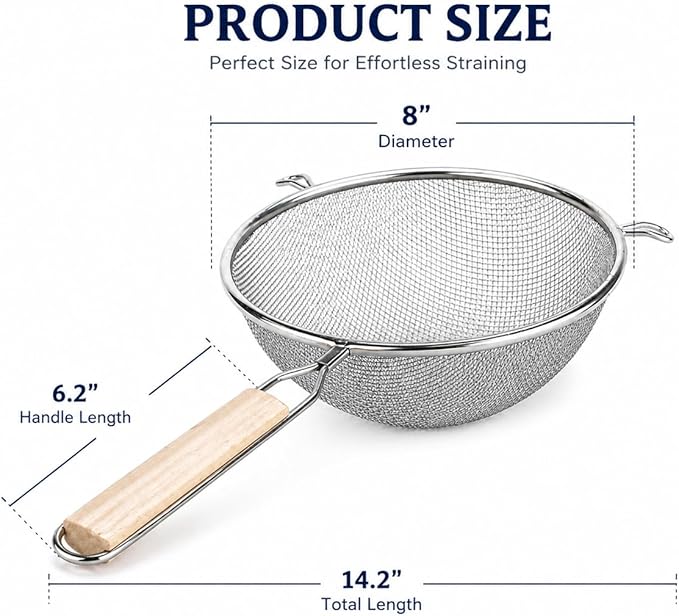 Huji Stainless Steel Fine 8" Double Mesh Food Strainer Colander Sieve Sifter with Wooden Handle for Kitchen Rice Pasta Noodles (2 Pack) - Image 4
