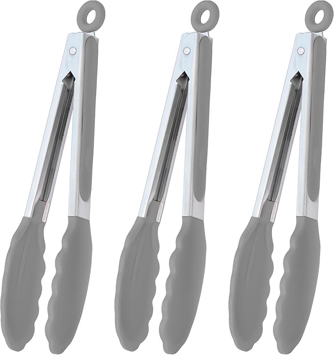 HINMAY Locking Kitchen Tongs with Silicon Tips 9-Inch Stainless Steel Grilling Tongs, Set of 3 (Gray) by HINMAY