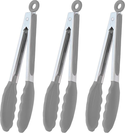 HINMAY Locking Kitchen Tongs with Silicon Tips 9-Inch Stainless Steel Grilling Tongs, Set of 3 (Gray) by HINMAY