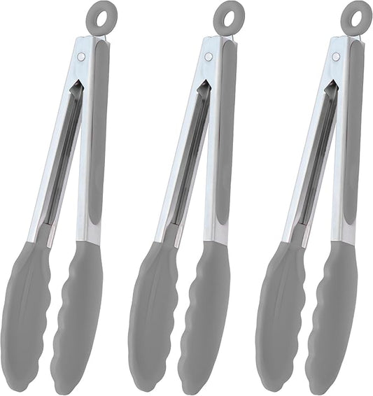 HINMAY Locking Kitchen Tongs with Silicon Tips 9-Inch Stainless Steel Grilling Tongs, Set of 3 (Gray) by HINMAY