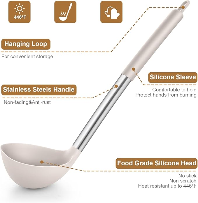 LIANYU 15 Pcs Kitchen Cooking Utensils Set with Holder, Silicone Kitchen Tools with Stainless Steel Handle, Heat Resistant Gadgets, Brush Spatula Spoon Whisk for Cookware, Dishwasher Safe, Khaki - Image 3