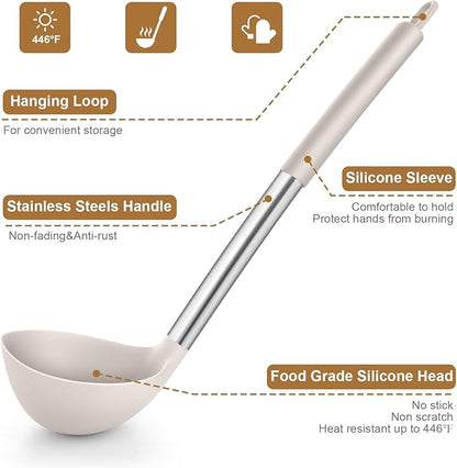 LIANYU 15 Pcs Kitchen Cooking Utensils Set with Holder, Silicone Kitchen Tools with Stainless Steel Handle, Heat Resistant Gadgets, Brush Spatula Spoon Whisk for Cookware, Dishwasher Safe, Khaki - Image 3