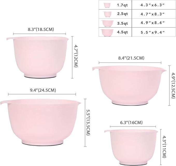 BoxedHome Nesting Plastic Mixing Bowl Set, 4 Piece Mixing Bowl Set with Pour Spouts, Size 1.7, 2.5, 3.5 and 4.5qt, for Prepping, Mixing, Baking, Cooking(2023 New Version, Pink) - Image 4