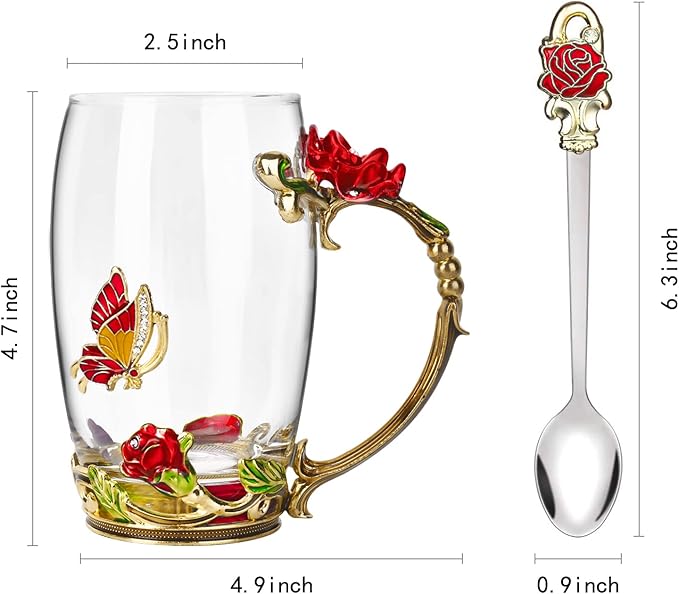 OEAGO Gifts for Women Mom Mothers Tea Cup Best Birthday Butterfly Rose Gifts for Her from Daughter Son Glass Coffee Christmas Enamels Mug Lead-Free with Spoon Set - Image 2