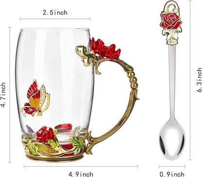 OEAGO Gifts for Women Mom Mothers Tea Cup Best Birthday Butterfly Rose Gifts for Her from Daughter Son Glass Coffee Christmas Enamels Mug Lead-Free with Spoon Set - Image 2