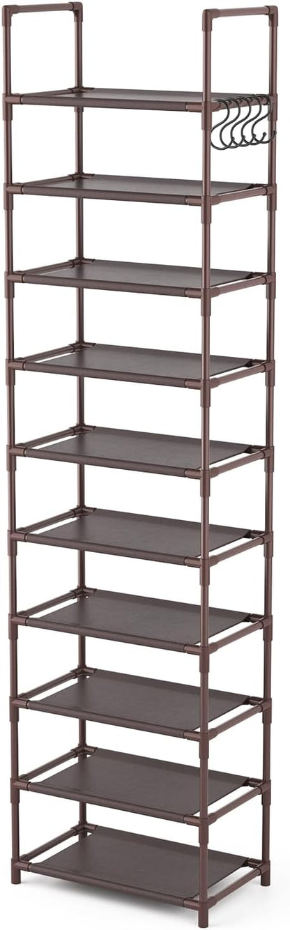 LANTEFUL 10 Tiers Tall Shoe Rack 20-25 Pairs Boots Organizer Storage Sturdy Narrow Shoe Shelf for Entryway, Closets with Hooks, Brown - Image 8