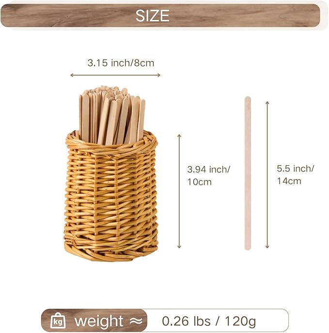 Wood Rattan Coffee Stirrer Holder Set with 100 Disposable Stir Sticks, Wooden Bar Accessories for Milk Cocktail Tea Drinks Straws, Organizer for Station Countertop - Image 2