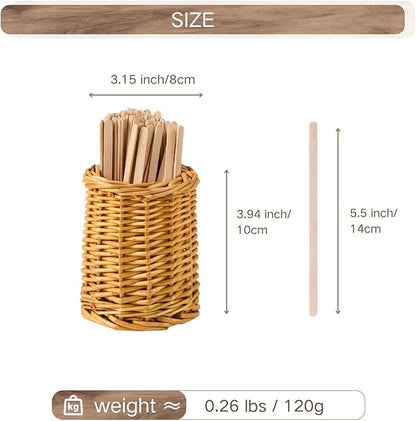 Wood Rattan Coffee Stirrer Holder Set with 100 Disposable Stir Sticks, Wooden Bar Accessories for Milk Cocktail Tea Drinks Straws, Organizer for Station Countertop - Image 2