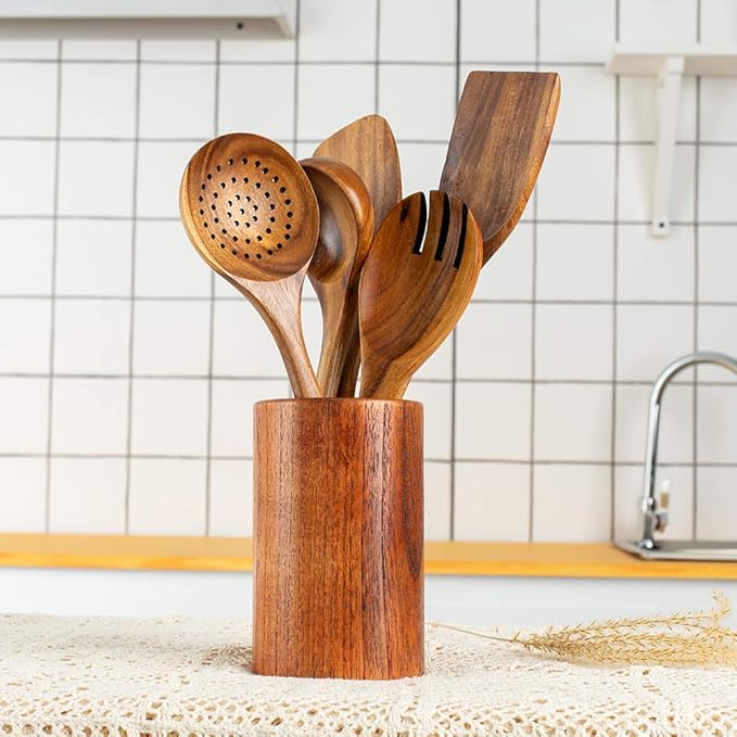 Wood Kitchen Utensils Set, 5 PCs Natural Acacia Wooden Spoons For Cooking for Non-stick Skillet, Utensil set For Cooking With Soup Ladle and Wok Spatulas, Salad fork, Spurtles for Cooking - Image 2
