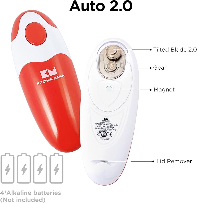 Kitchen Mama Auto 2.0 Electric Can Opener: Blade Opens Almost Any Can Pop or Soda Can - Automatic, Hands Free, Safe, Smooth Edge, Lid Remover, Battery Operated, Cordless, YES YOU CAN (Red) - Image 2