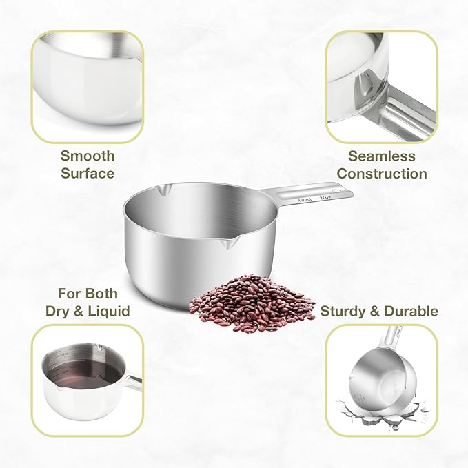 1PCS 2Cup (480ml, 16oz) Single Measuring Cup, Etched Inner Scale Stainless Steel Measure Scoop, Metric and US Measurement, Dishwasher Safe - Image 5